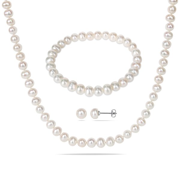 3 Pc. 6-7 MM Cultured FW Pearl Jewelry Set in Silvertone by Miadora - 7 inch x 7.4 mm x 6.5 high