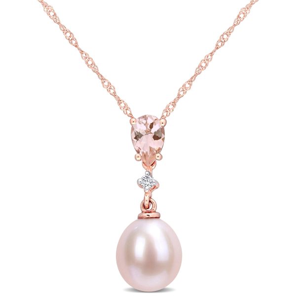 Miadora 10k Rose Gold Cultured FW Pink Pearl. Morganite & Diamond Accent Teardrop Necklace (9-9.5mm)