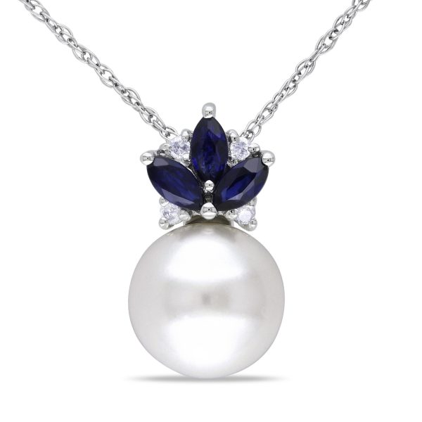 Miadora 10k White Gold Cultured Freshwater Pearl. Sapphire and Diamond Necklace (H-I. I2-I3) (8.5-9 mm)