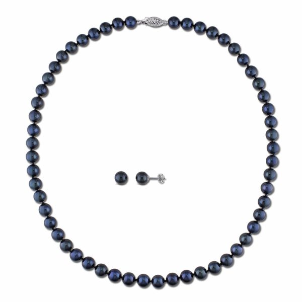 Miadora 14k White Gold 2-piece Set of Cultured Black Pearl Necklace and Earrings (6.5-7 mm)