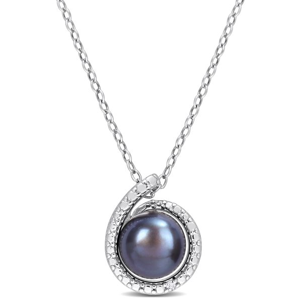 Miadora 8-8.5mm Black Cultured Freshwater Pearl and Diamond Accent Swirl Pendant with Chain in Sterling Silver - 13 mm x 11.5 mm