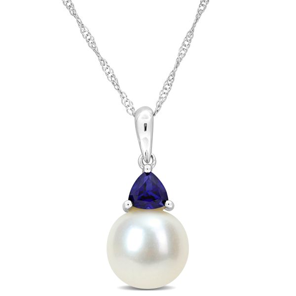 Miadora 8-8.5mm Cultured Freshwater Pearl 3/8ct TGW Created Blue Sapphire Pendant with Chain in 10k White Gold - 19 mm x 8.4 mm