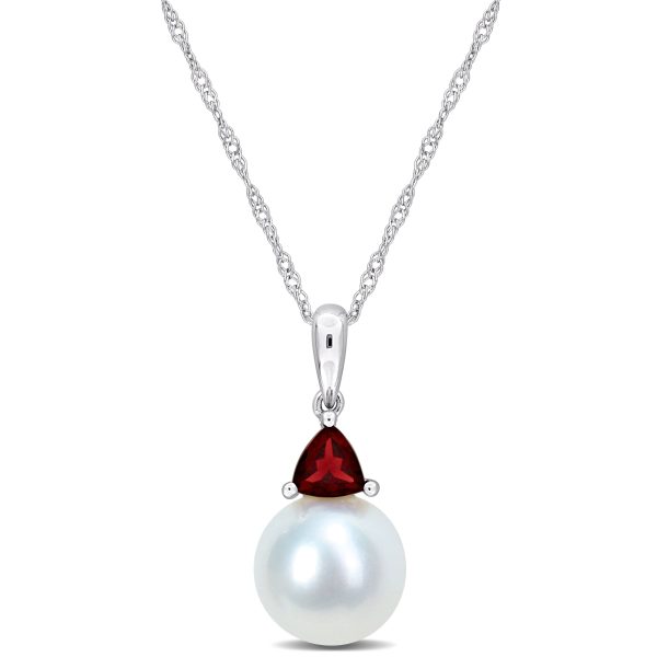 Miadora 8-8.5mm Cultured Freshwater Pearl and 1/3ct TGW Garnet Pendant with Chain in 10k White Gold - 19 mm x 8.3 mm