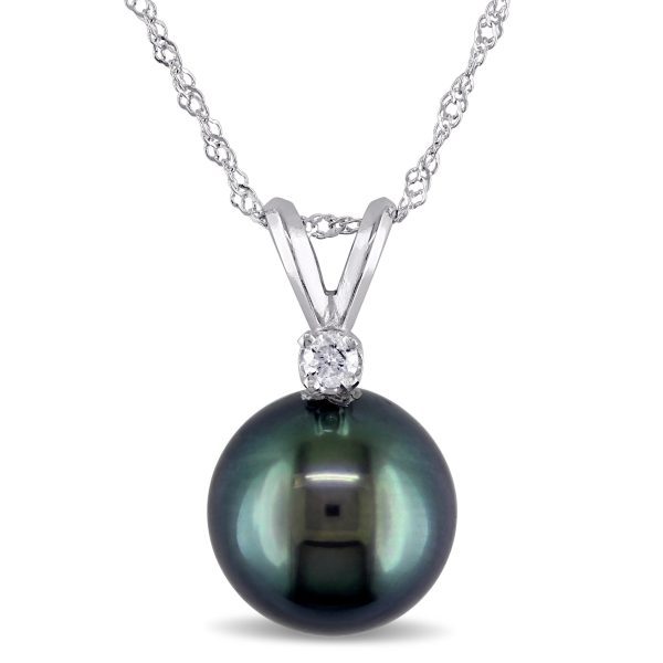 Miadora 89mm Black Tahitian Cultured Pearl and Diamond Pendant with Chain in 14k White Gold - 17 in x 17 mm x 9 mm