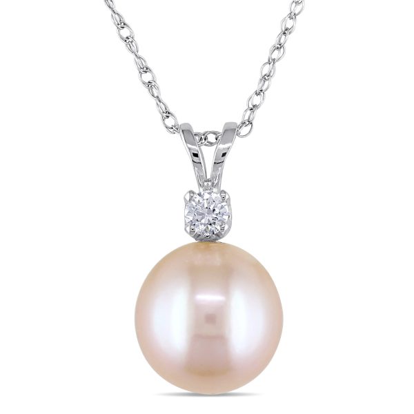 Miadora 9-9.5mm Pink Cultured Freshwater Pearl and Created White Sapphire Pendant with Singapore Chain in 14k White Gold