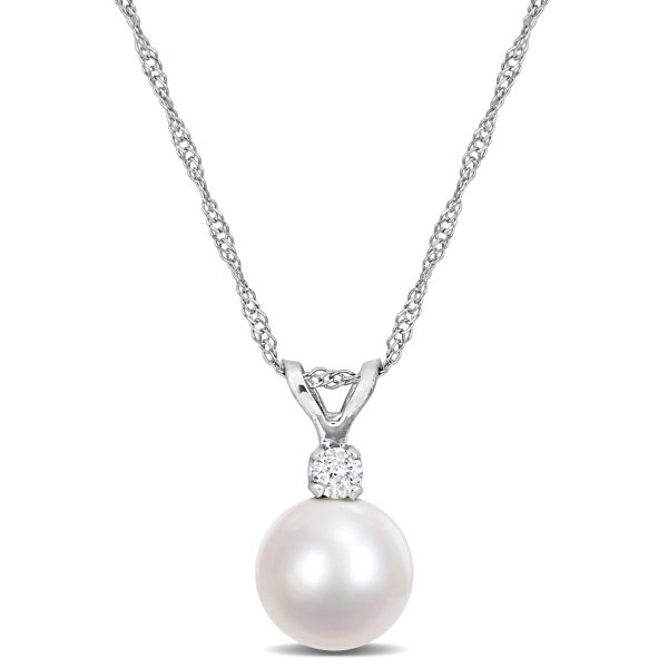 Miadora Diamond and 7-7.5 MM Cultured Pearl Pendant Chain in 14k White Gold