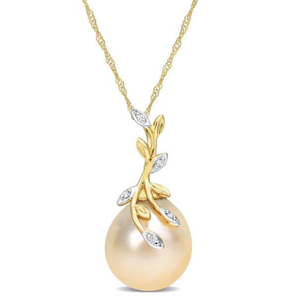 Miadora Golden South Sea Cultured Pearl & Diamond Accent Leaf Pendant in 14k Yellow Gold (12-12.5mm)