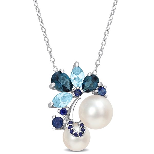 Miadora White Cultured Freshwater Pearl. London and Sky-Blue Topaz. and Sapphire Pendant Sterling Silver